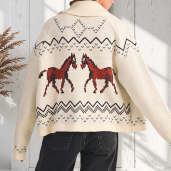 Ivory Horse Western Knit Shawl Collar Relaxed Fit Cardigan Sweater Fall Winter - Picture 1 of 3